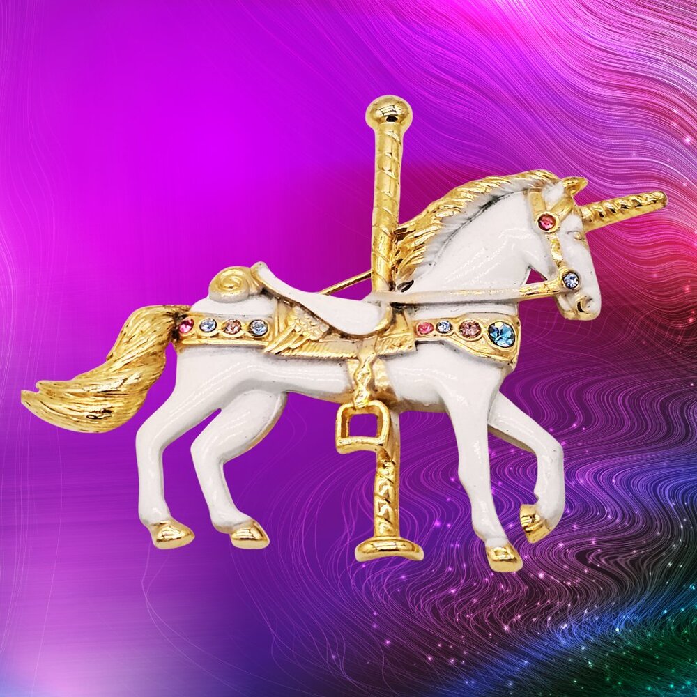 VTG Carousel Unicorn Brooch – White Enamel, Gold-Tone & Multi-Color Rhinestones - Picture 6 of 7